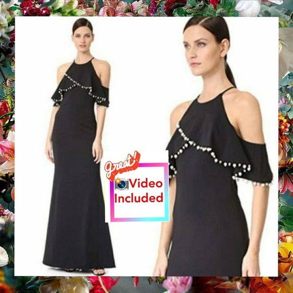 Badgley Mischka Womens 4 Small Black Maxi Dress Ruffle Pearls Nwt $795